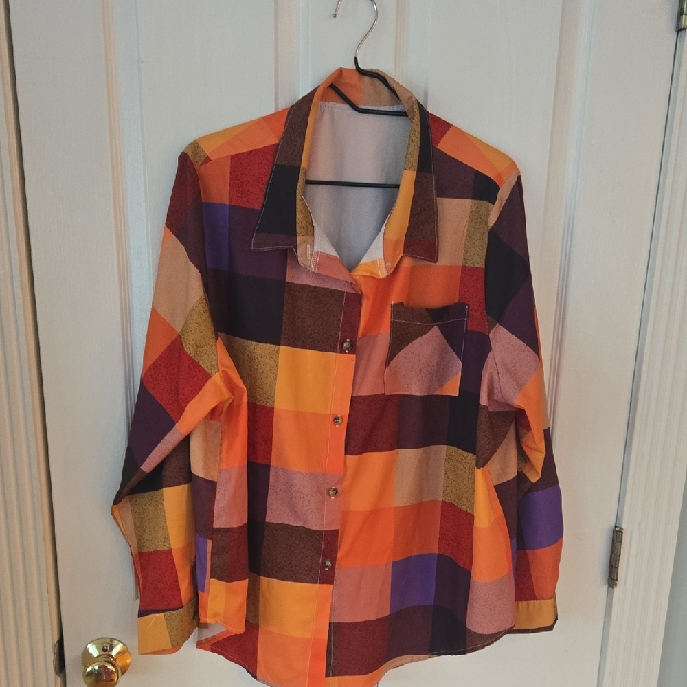 Women’s Plaid Button-Down Shirt in Orange and Purple